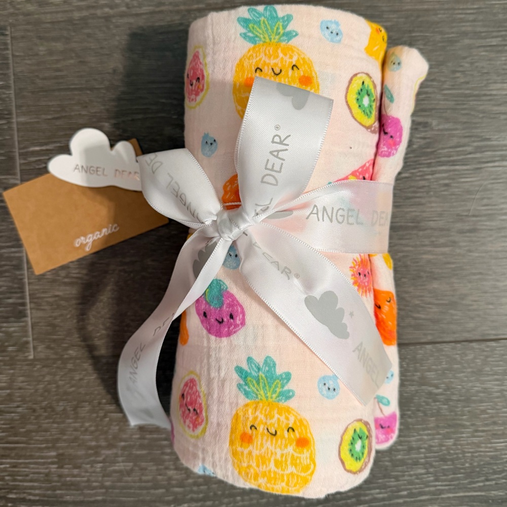 Angel Dear Pink Pineapple & Fruit Muslin Swaddle Blanket 47” x 47”